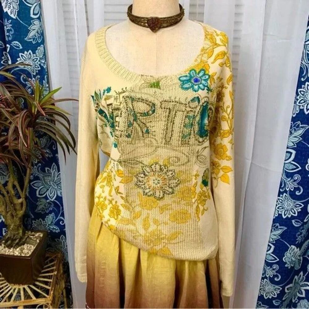 Vertigo Paris Size L Yellow Blue Silk Blend Womens Knit Crochet Embroidered Top